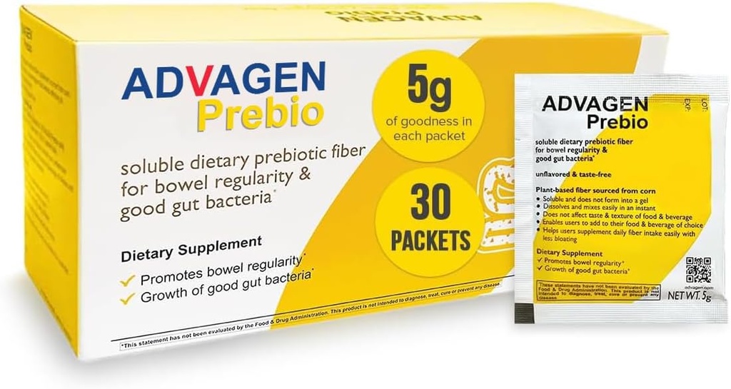 ADVAGEN, Prebio 섬유 보충교재 분말 Unflavored - Go Packets에 불용해성 Prebiotic 섬유 분말, 비 GMO는 여자 남자 30 봉사를 위한 Gut 건강, Bloating & 변비 기복을 지원합니다