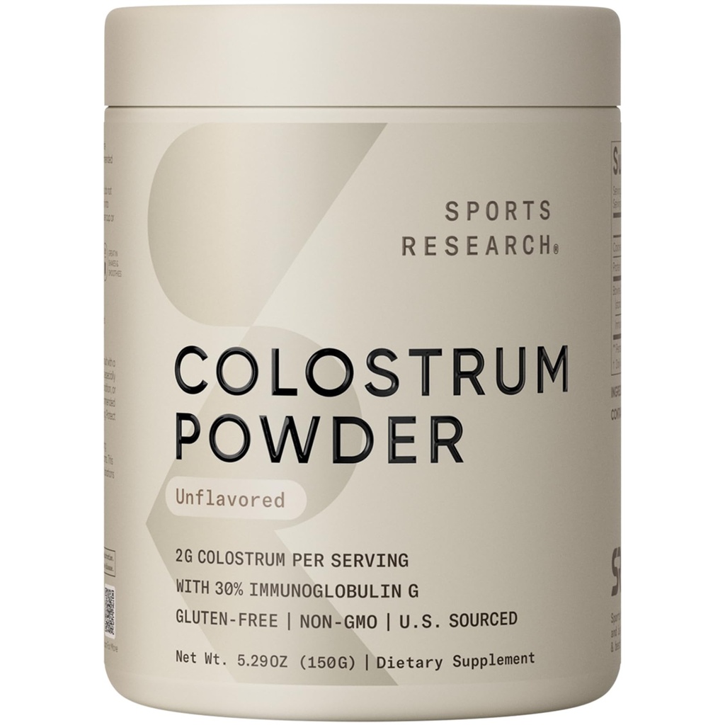 Sports Research® Bovine Colostrum Powder – 믹스, 단일 성분 Superfood – 면역 지원 및 Gut Health w/IgG Antibodies - 미국 Sourced · Non-GMO · 글루텐 무료 - 75 서빙 (Unflavored)