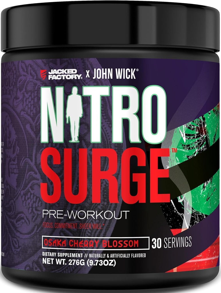 Jacked Factory X John Wick - Nitrosurge Wick Pre Workout Supplement - Intense Energy, Battle-Ready Focus, Unstoppable Commitment 및 Sheer Will - 30 서빙, 오사카 벚꽃