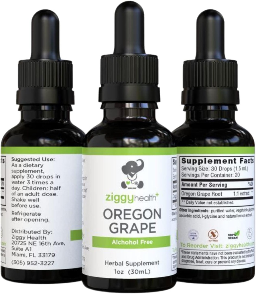 프리미엄 유기농 오레곤 포도 뿌리 Tincture - 알코올 무료 추출물, 1oz | 초본 지원 | Ziggy Health