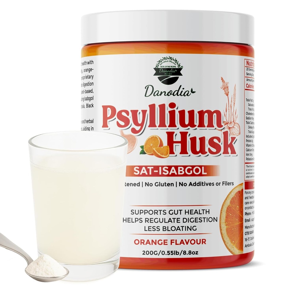 Danodia Foods Organic Psyllium Husk Powder Mild Orange 풍미, 200g (8.8oz) | 5 개의 추가 허브가있는 Sat-Isabgol | 영양소, 글루텐 프리, 소화 건강을 위한 천연 섬유 보충
