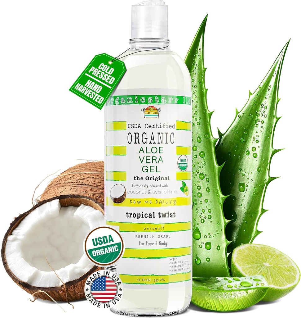 USDA 인증 유기농 알로에 베라 젤 12 온스 - 100 % 순수, 냉 프레스, 손 수확, 코코넛, 라임 및 베베나 에센셜 오일, 화학 - 무료 - 피부 & 헤어 케어, 미국에서 만든