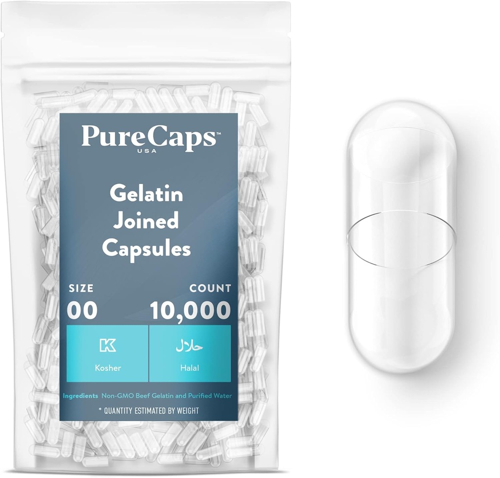 PureCaps USA - 빈 젤라틴 캡슐 크기 00| 10,000 가입 알약| Clear| Non-GMO 인증 | SLS, 글루텐, 보존 무료