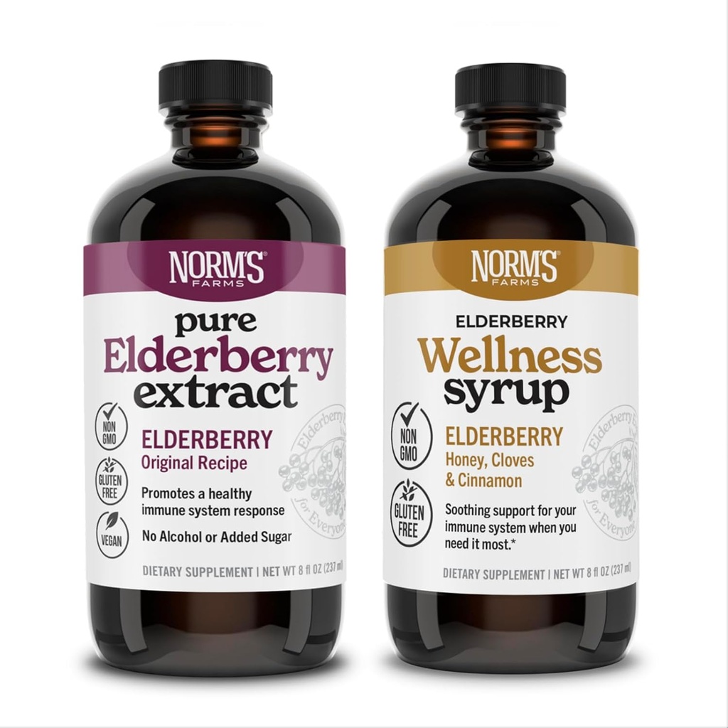 Norm의 농장 Elderberry 추출물 & Wellness Syrup 번들 2 PK - 아이 & 성인을 위한 Immune 지원 Elderberry Syrup - 미국, 순수한, 유력한, 자연적인 성분, Vegan, 글루텐 자유로운, 비 GMO - 8 Oz에서 만드는