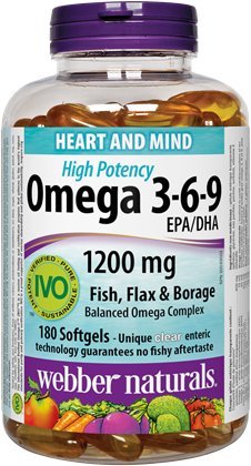 Webber Naturals Omega 3-6-9 높은 효능 1200 mg · 물고기, Flax & Borage, 180 softgels