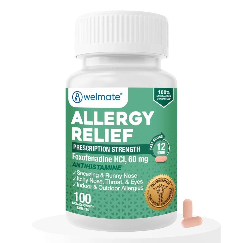 WELMATE - 알레르기 구호 - Fexofenadine HCl 60 mg - 12 시간 비 Drowsy Antihistamine - Sneezing - Runny Nose - Itchy Eyes, Nose & Throat - 실내 및 실외 알레르기 구호 정제 - 100 개