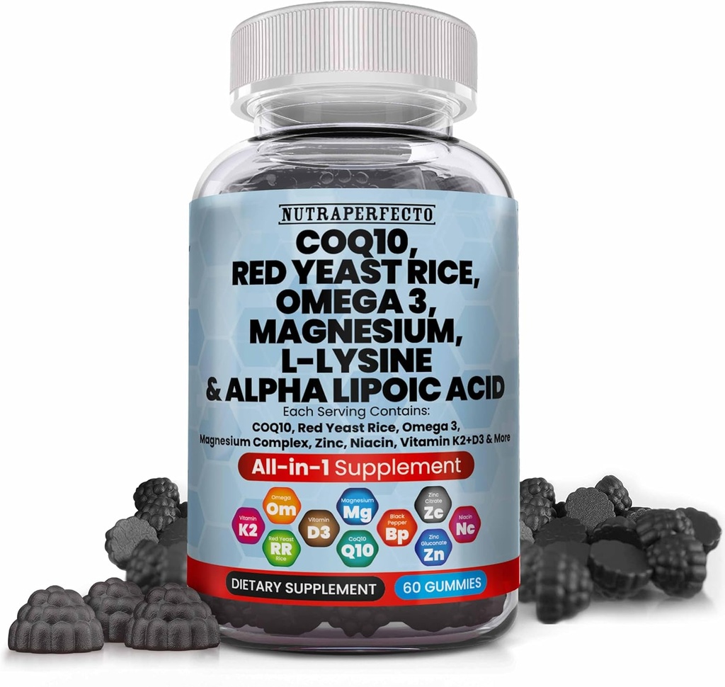 L-Lysine Coq10 알파 Lipoic 산 Gummies 성인과 아이를 위한 빨간 효모 밥 마그네슘 거미 - 아미노산은 Omega 3 Niacin 아연 비타민 K2 D3 B3를 보충합니다 - 여성과 남자를 위한 비타민 - 60의 거미 곰