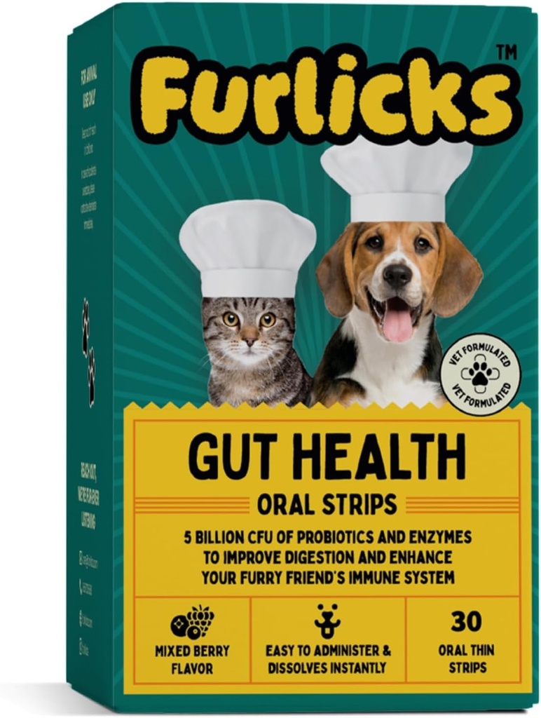 개 및 고양이를위한 Furlicks Gut 건강 보충 | Probiotics, Protease, 향상된 소화, 향상된 면역성, 건강한 Gut Flora 및 Diarrhea & Bowel 지원 (30 구두 용해 스트립)