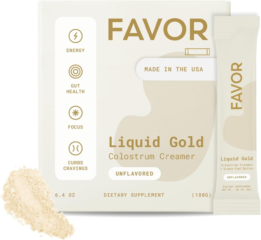 FAVOR Bovine Colostrum Creamer | Grass Fed Cows | 커피용 가루 패킷 | MCT Oil | Liquid Gold Whole Colostrum | Keto Friendly Superfood | Butter로 제작 | Concious Human Health [Unflavored]
