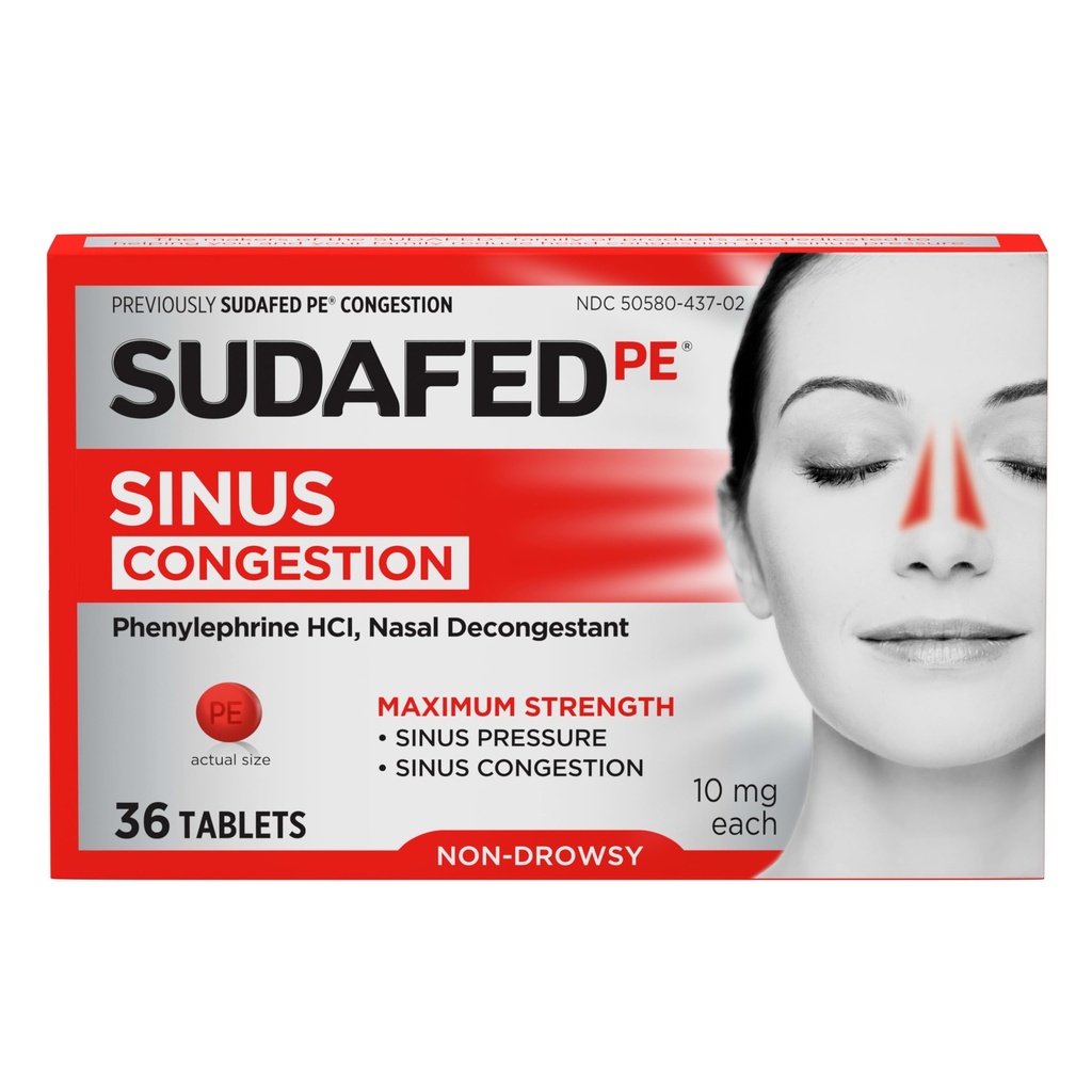 갑자기 PE Sinus 혼잡 구호 정제, 최대 힘, 비 죽음 10 mg Phenylephrine HCI Sinus 압력 & Nasal 혼잡 구호를 위한 Decongestant, 감기 알레르기 때문에, 36 ct