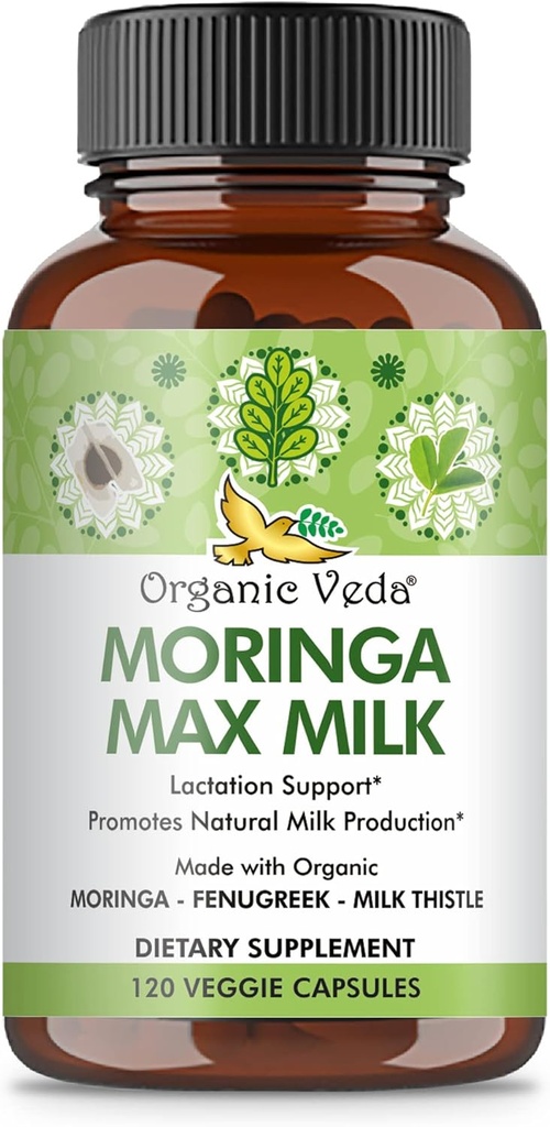 유기 Veda Moringa 최대 우유 Lactation 보충교재 (120의 캡슐) - 1800mg Fenugreek, 우유 이틀, Moringa 잎 & Breastfeeding 우유 공급을 위한씨를 가진 최고 힘 유기 Vegan Complex