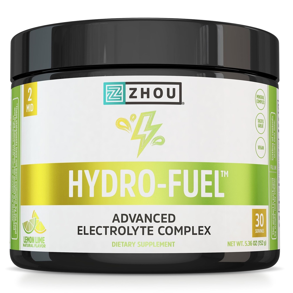 ZHOU Hydro-Fuel - 전해질 분말, 설탕 자유로운 Hydration 음료 혼합 w/Magnesium, 아연, 칼륨 & 나트륨, Nutrients, 무기물 & 코코넛 물 추출물, 설탕 없음 - 레몬 Lime, 5.36 oz (30의 봉사)