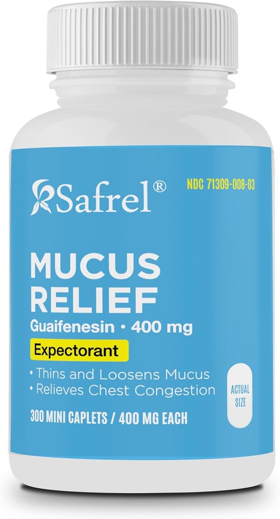 Safrel Pharma Mucus Relief Guaifenesin 400 mg - 빠른 행동 기대, 얇은 및 Loosens Mucus, 가슴 혼잡, 기침, 감기 및 독감 | (300 개)