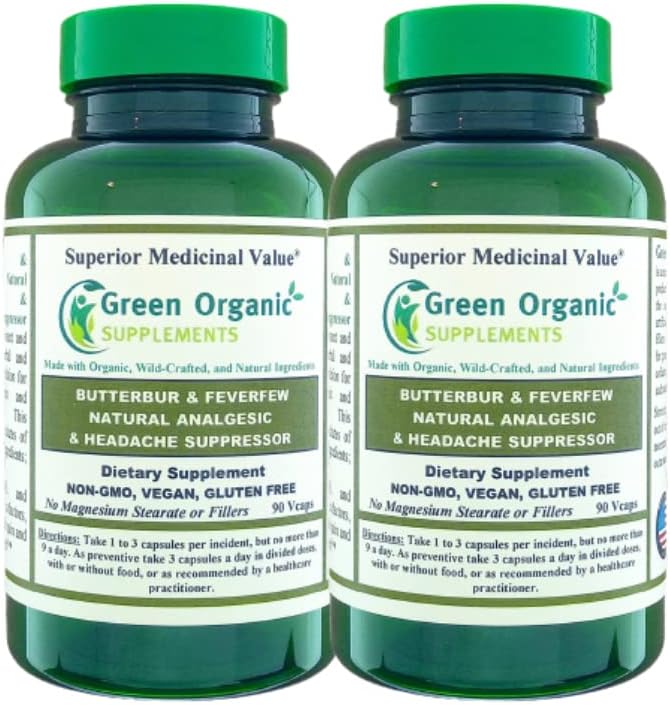 녹색 유기 보충 Butterbur, Feverfew, 진통제, 진통제, & 두통 억제제, 90 VCaps, 높은 흡수성, 비 GMO, 글루텐 자유로운 (2의 포장)