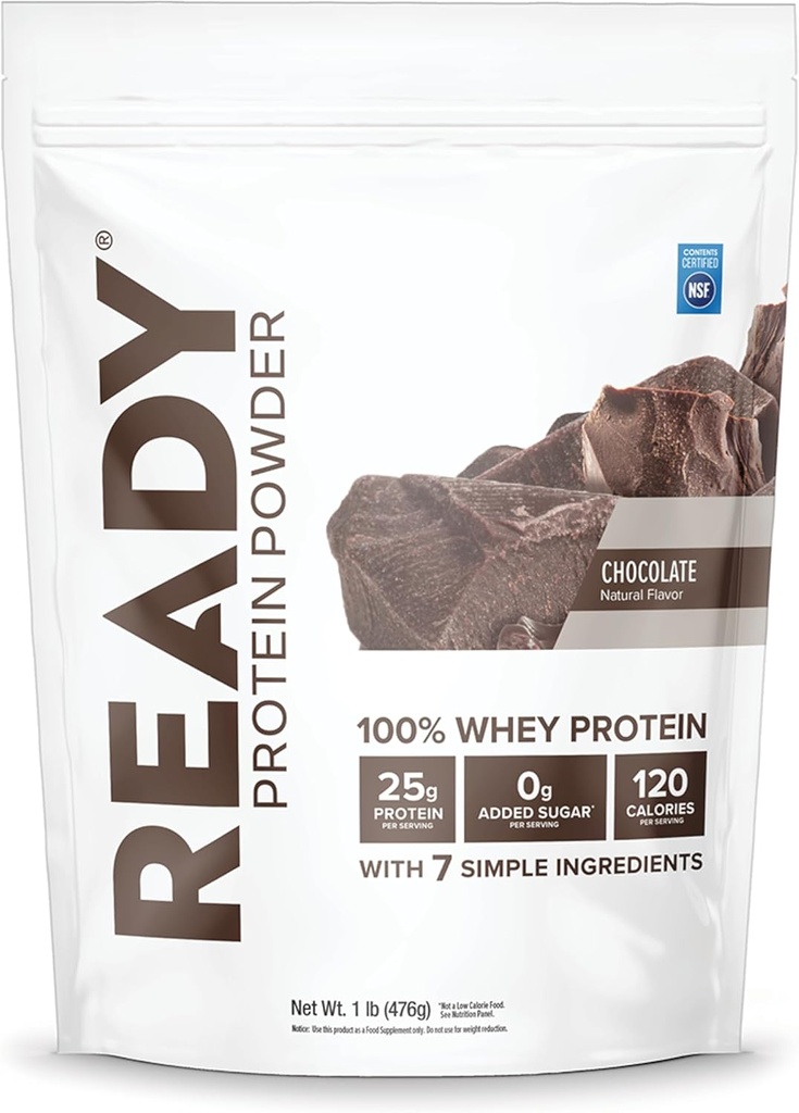 Ready® Protein Powder – 25g Whey Protein, 120 칼로리, 0g 추가 Sugar – 7 간단한 성분 – 인공 첨가물 없음 – 글루텐 프리, 클린 & 천연 – 초콜릿 (1 파운드 가방)
