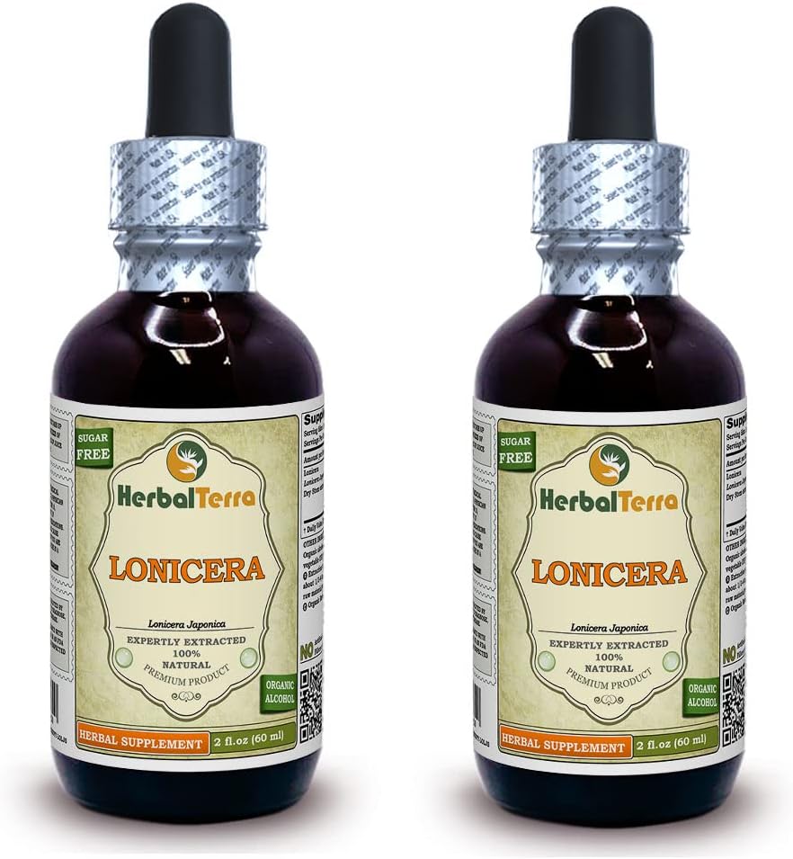 Lonicera (Lonicera Japonica) Tincture, 건조 꽃 액체 추출 (브랜드 이름: HerbalTerra, 미국에서 만들어진) 2x2 fl.oz (2x60 ml)