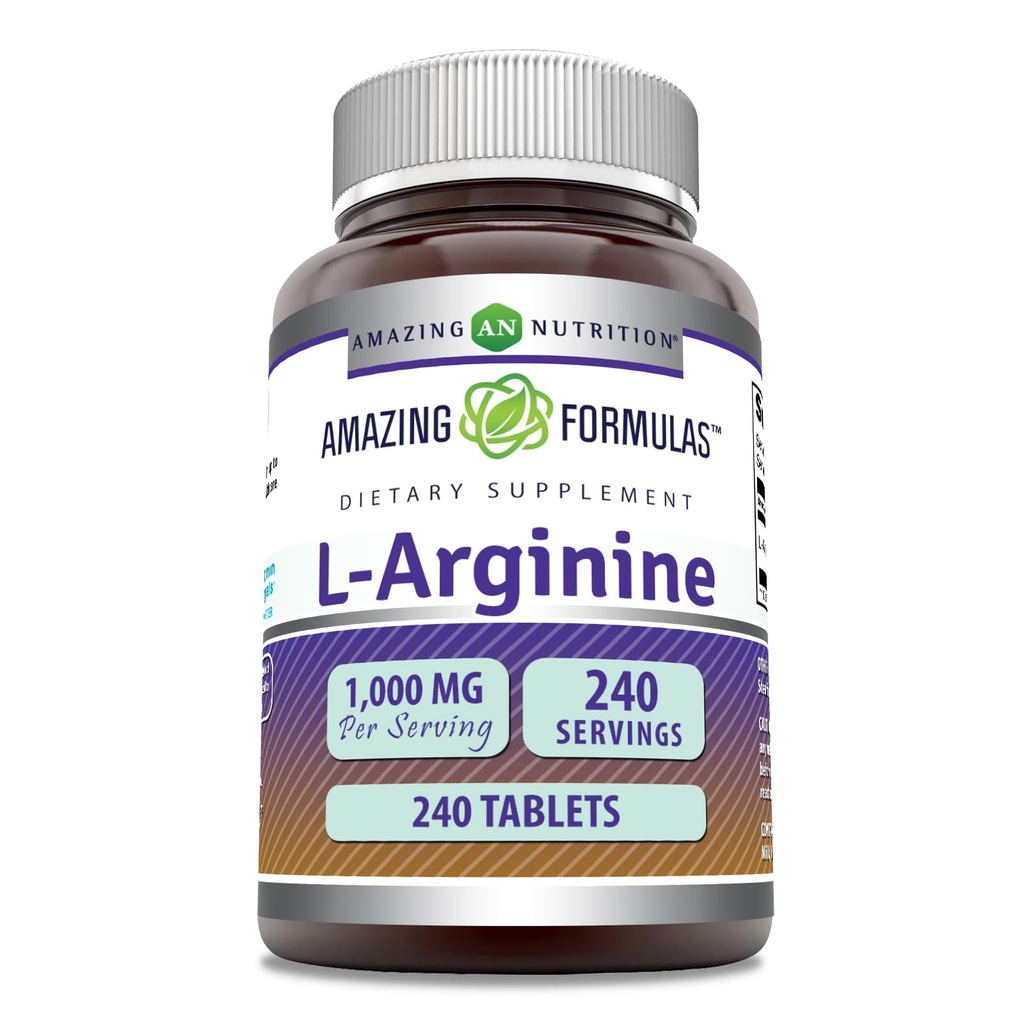 Amazing Formulas L-Arginine 1000mg Tablet | 여성용 아미노산 보충 | 비 GMO | 글루텐 프리 | 미국에서 제작 (240개)
