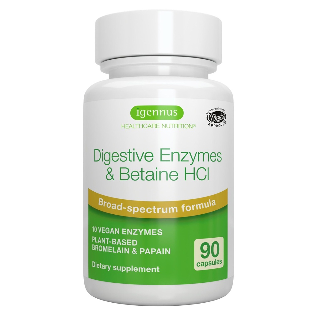 Igennus 빠른 활동 소화 효소 & betaine HCl, Protease, Lipase & Lactase, Papain & Bromelain를 가진 10의 넓은 스펙트럼 효소, 식물 근거한 Vegan, 여자와 남자를 위한 청결한 상표, 90의 캡슐