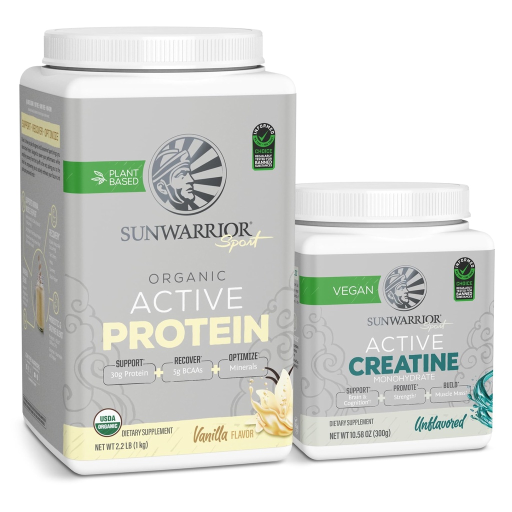 Sunwarrior 크레아틴 분말 & 바닐라 활동적인 유기 단백질 분말 세트 | 뭉치 & 득점방해 | Vegan Protein Plus Unflavored Creatine Monohydrate (60 인분, 20 인분 Vanilla)