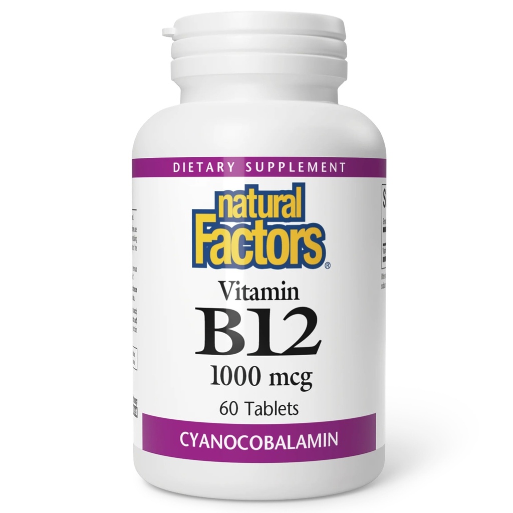 자연적인 요인, 비타민 B12 Cyanocobalamin 1000 mcg, 지원 에너지와 빨간 혈액 세포 생산, 60의 정제 (60의 서빙)