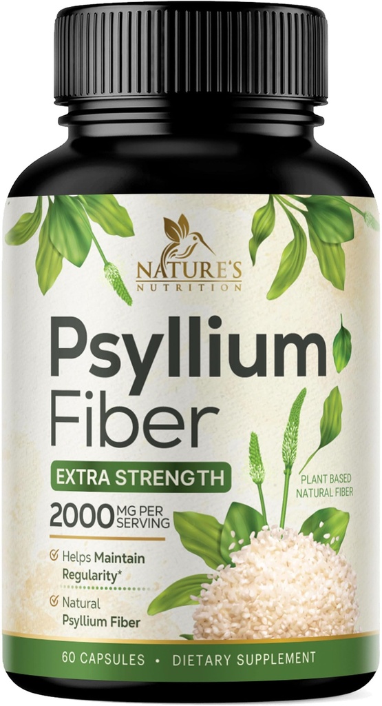 Psyllium Husk 분말 캡슐 2000mg의 자연적인 매일 녹는 & 불용성 섬유 알약, Psyllium Husk 섬유 보충교재 지원 소화 대령 건강 & 일정성, 식물 근거한 보충교재 - 60의 캡슐