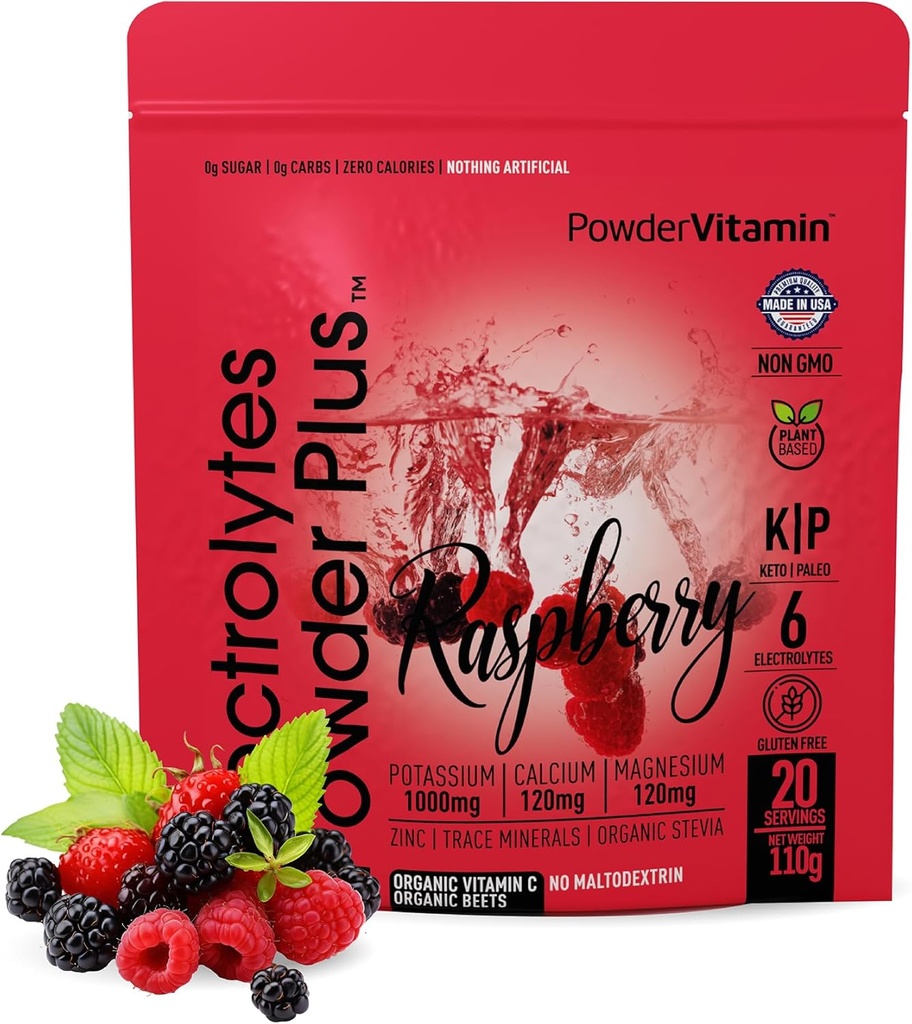 PowderVitamin 전해질 분말 플러스 (20 서빙) 라즈베리 전해질 분말 Zero Calorie Keto,0 설탕, 아니 Maltodextrin,1000mg 칼륨,120mg 칼슘,120mg 마그네슘, 핑크 Himalayan 소금