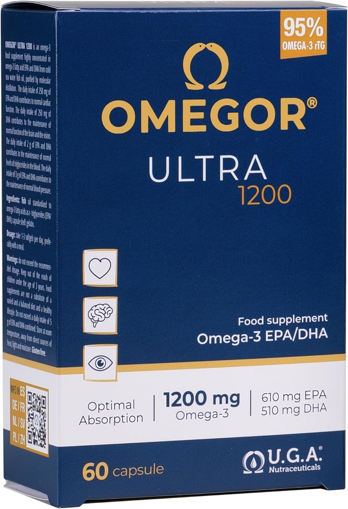 OMEGOR 오메가 3 물고기 기름 1200mg 울트라 - 610mg EPA와 510 DHA 오메가 3 IFOS 인증 - 높은 생체 이용성 및 후타민 (60 모자)