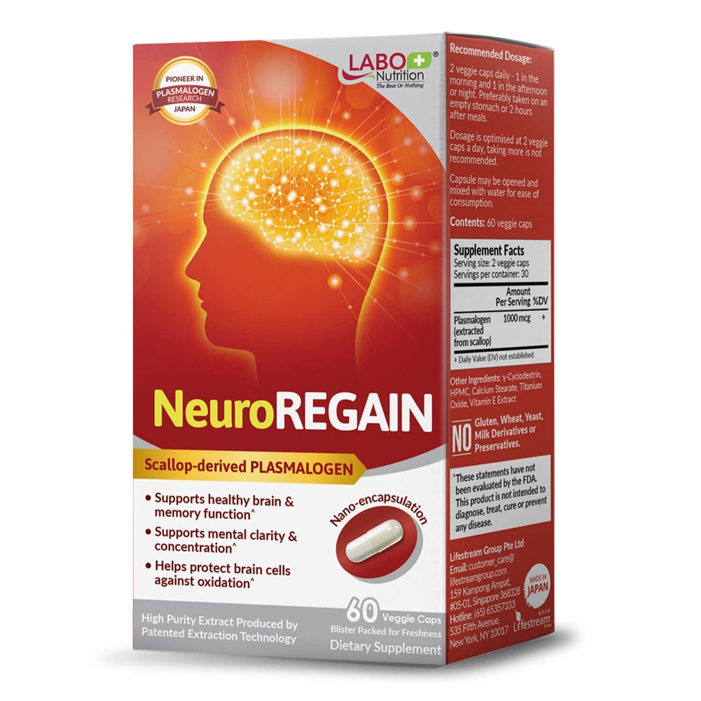 LABO Nutrition NeuroREGAIN - 뇌 악화, 기억, 경고, 학습, 농도 및 기타인지 기능을위한 Scallop-derived PLASMALOGEN - 노인, 성인 남자 및 여성에 적합