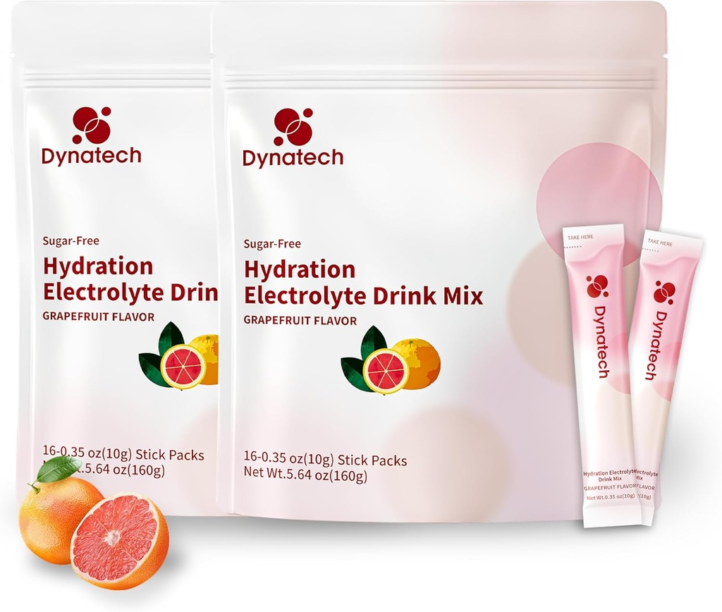 Dynatech Zero Sugar Electrolyte 음료 혼합 - Grapefruit - 10 Electrolytes & Vitamins가있는 수분 분말 패킷 | Non-GMO, Gluten Free, Vegan Electrolytes Powder Packets | 32 서빙