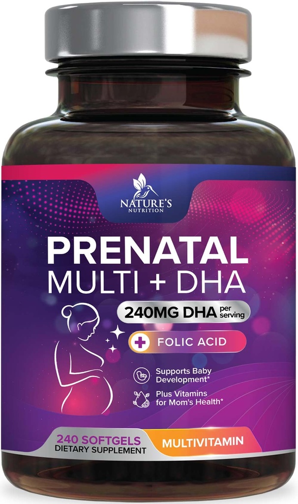 Folic Acid & DHA와 Prenatal 비타민, Folate & Omega 3의 여성, 비타민 A, C, D, B6, B12 & Iron, 임신 보충 - 240 Softgels를 가진 태아 뇌 발달 지원
