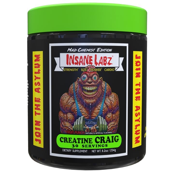 Insane Labz Creatine Craig - 맛, 사전 운동, 포스트 운동, 근육 구축 (30 서빙 (팩 1), 과일 펀치)