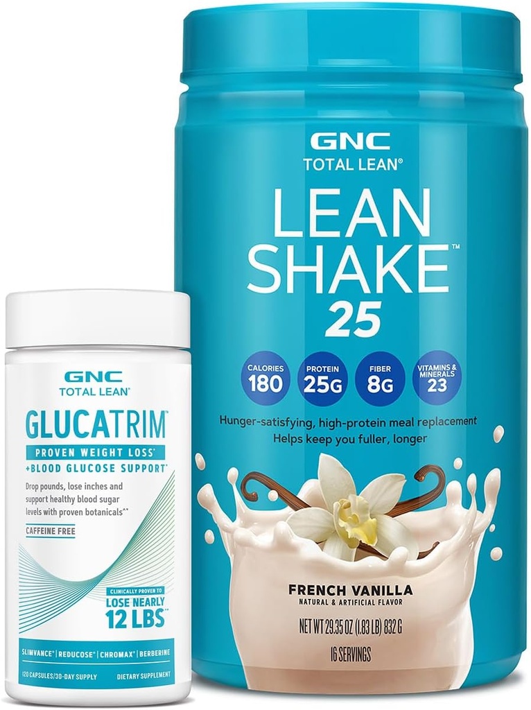 GNC Total Lean GlucaTrim - 120 캡슐 (60 인분) + GNC Total Lean | Lean Shake 25 Protein Powder | High-Protein Meal Replacement Shake | 프랑스어 바닐라 | 16 인분