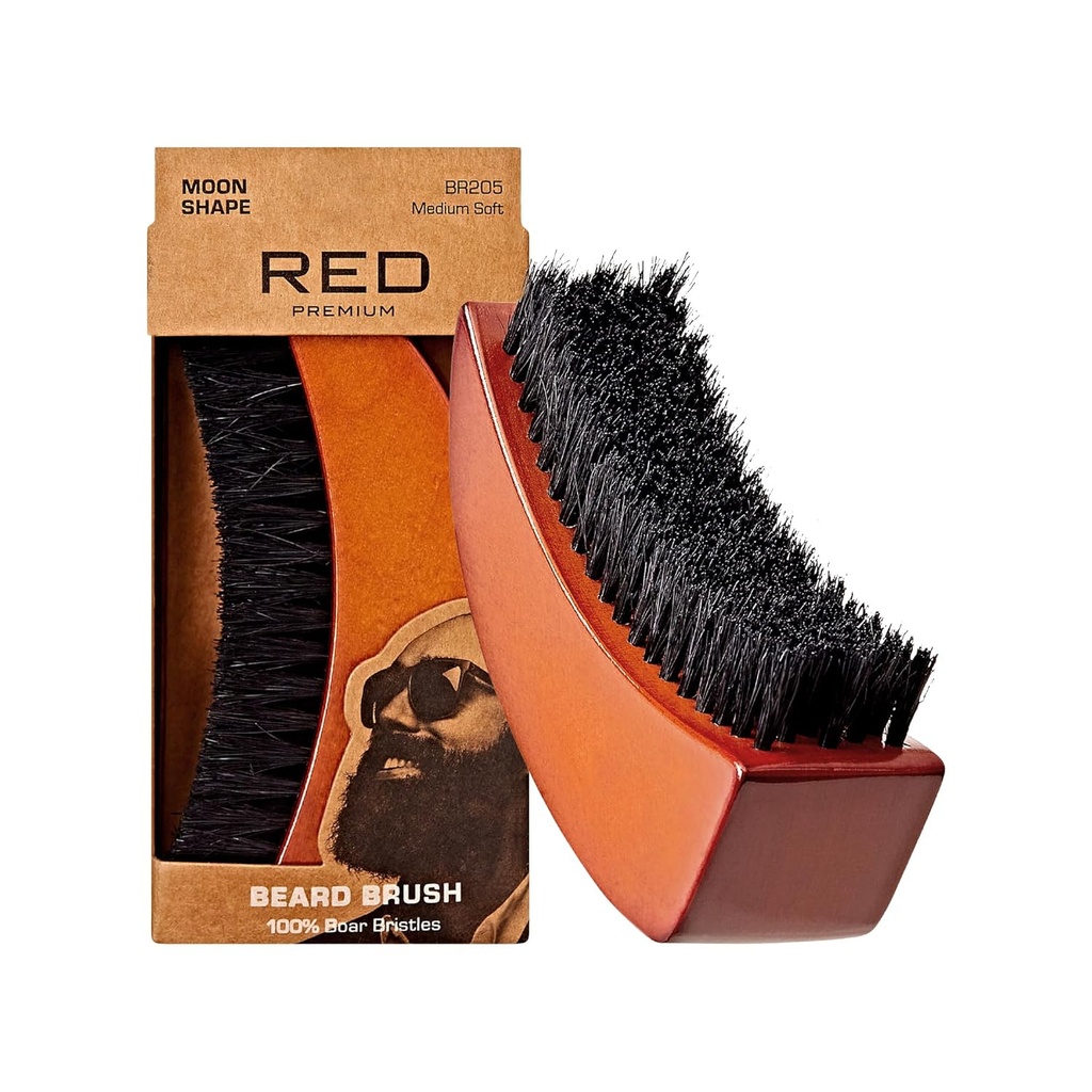 RED by Kiss Beard Brush with 100 % 천연 Boar Bristles for Men, 프리미엄 나무 브러시, Beards Mustaches Groomingraz Comb, Tame 및 Soften 얼굴 헤어 (MOON SHAPE)