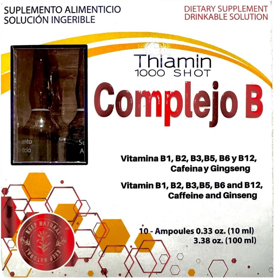 B Complex, Complejo B 1000 샷 | 멀티 비타민, 카페인 및 인삼 | 10ml의 10 Ampoules가있는 상자 | 에너지,인지 기능 및 대사 건강 부스트.