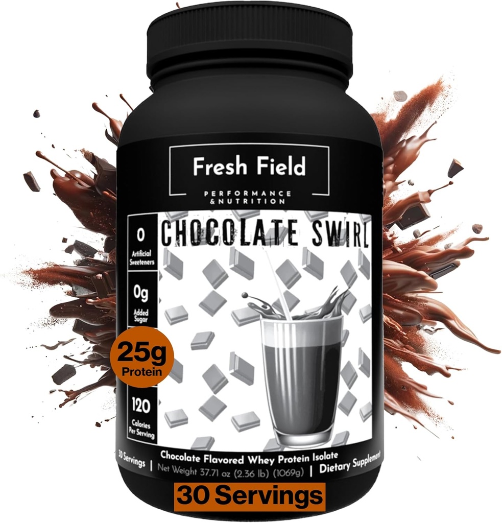 신선한 필드 초콜릿 단백질 분말 - 25g Whey Protein Isolate, Gluten-Free & Soy-Free, Sugar-Free, 30 서빙 - 운동 피트니스 및 영양 쉐이크를위한 천연 호이 단백질 분말 - 2.36 lb