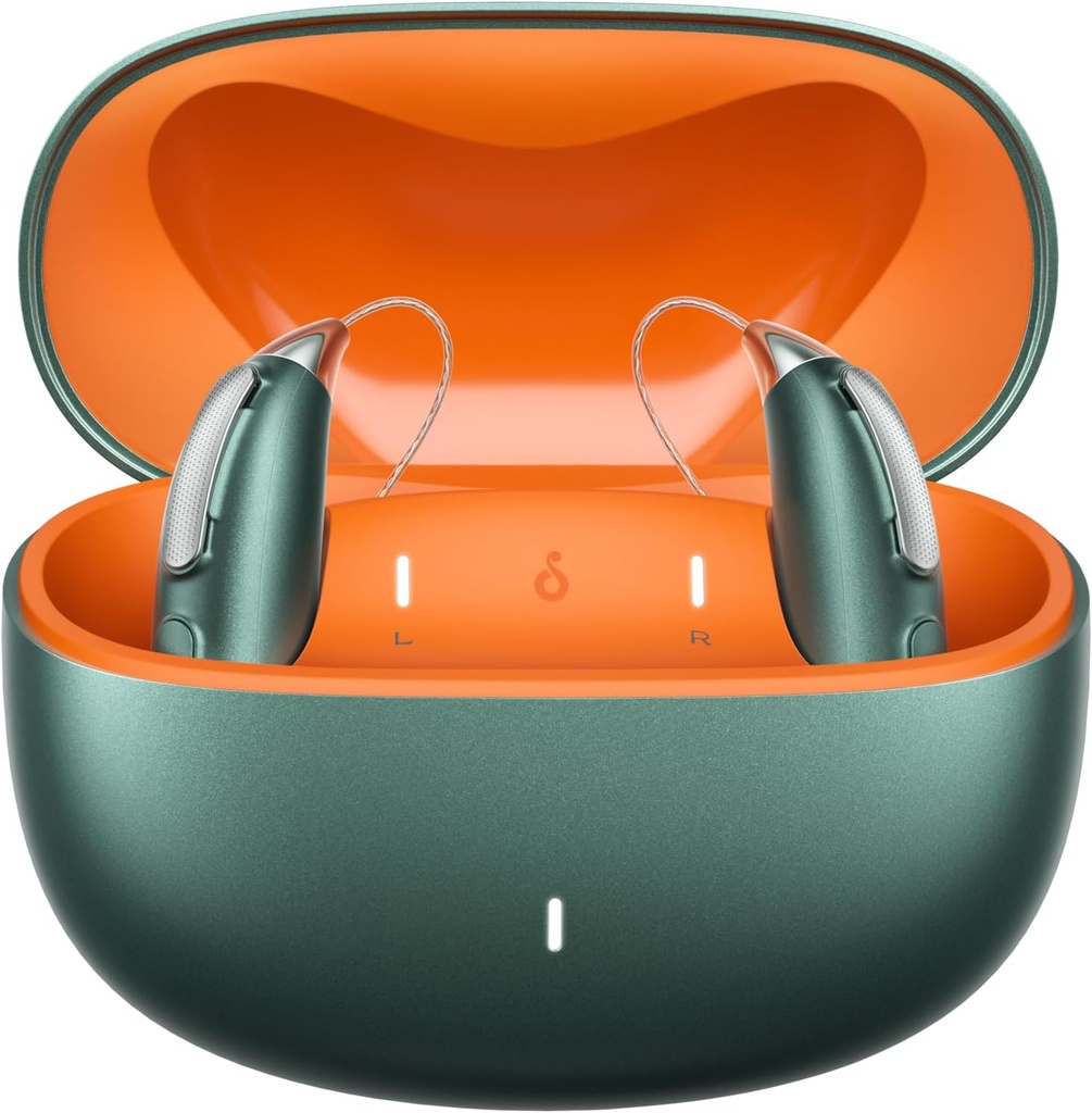 충전식 블루투스 보청기 Mild to Severe Hearing Loss - OTC - 스마트 피팅 - RIC (Receiver-in-Canal) 소음 감소 설계 - 충전 박스, 녹색 포함
