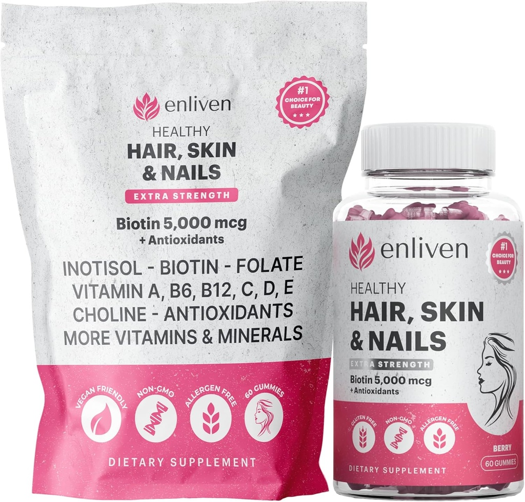 머리 성장과 강한 손톱에 대한 신뢰할 수있는 Biotin Gummies | 5000mcg Biotin + Inositol, Collagen Support | 여성 및 남성을위한 피부 관리 비타민 | Berry flavor | Vegan Hair Skin Nail Supplement | 60 Gummies