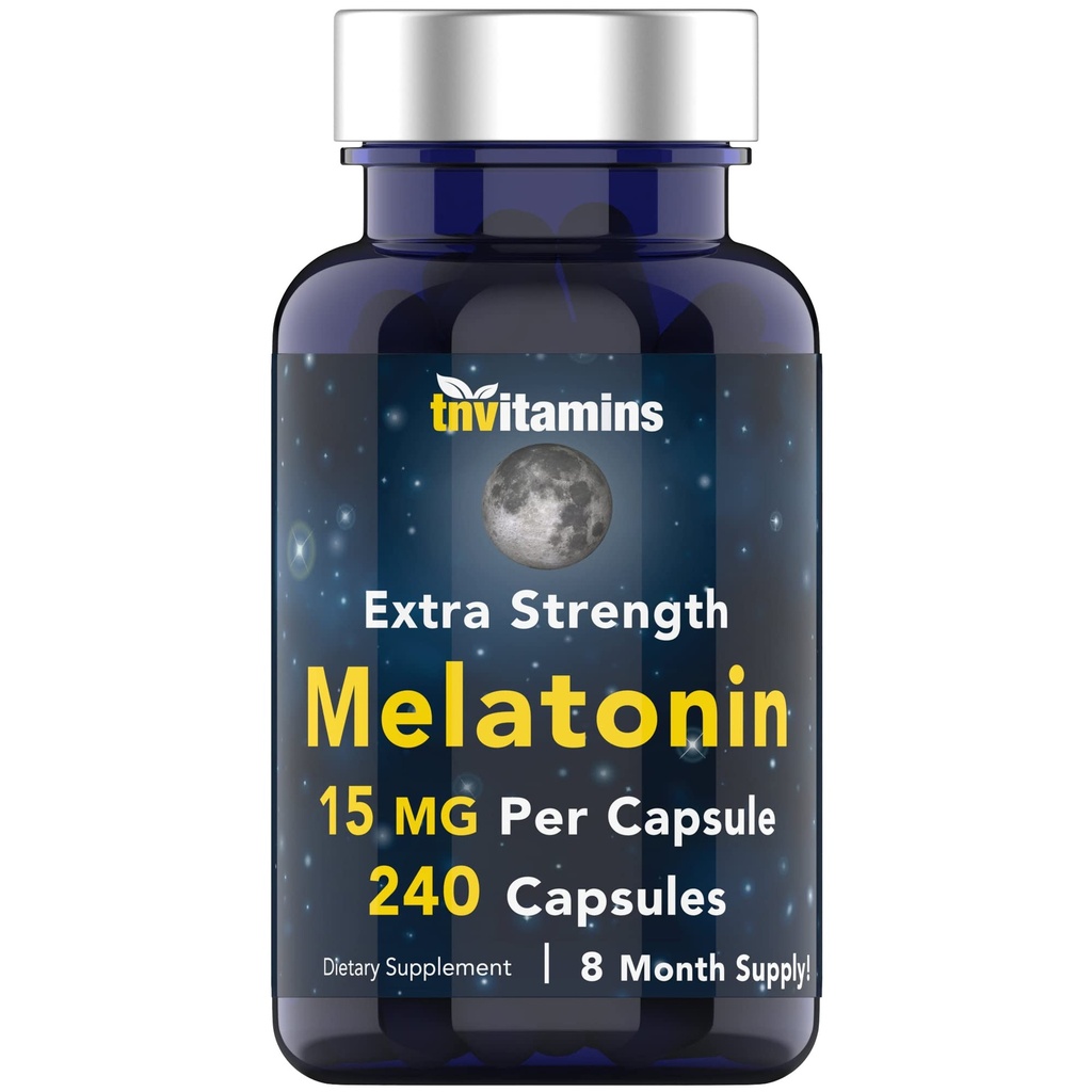 tnvitamins Melatonin 15 MG 캡슐 당 (240의 캡슐) | 성인을 위한 전염성 자환 | 여분 힘 Melatonin | 야간 수면 보조 | 자연적인 수면 지원 보충교재