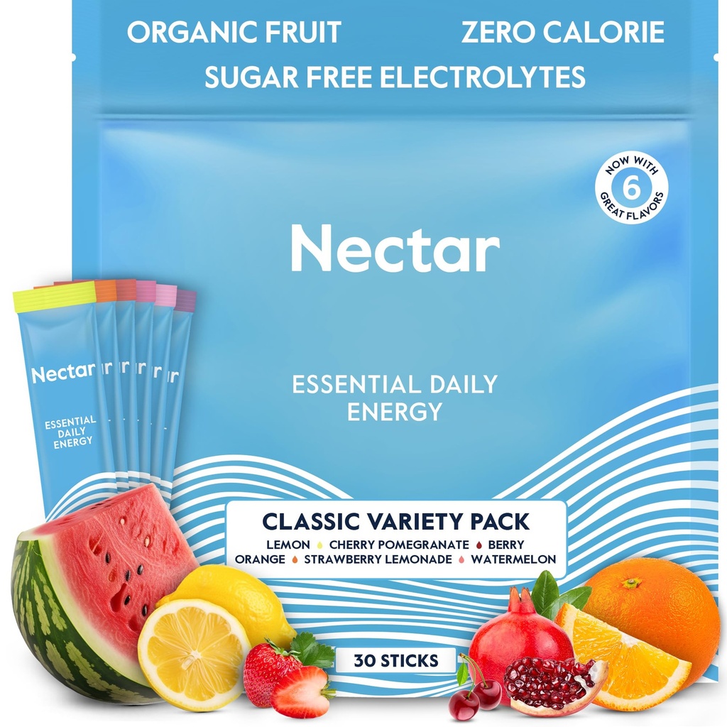 Nectar Energy Booster - 유기 카페인, B12 & Electrolytes - Sugar Free & Zero Calorie - 건강한 커피, 에너지 음료 및 소다 대안 - Hydration & Energy Supplement (Variety 30 Powder Packets)