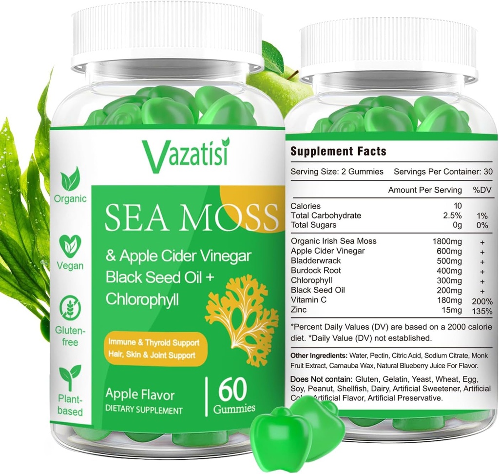 2 팩 유기 아일랜드어 Sea Moss Gummies 검은 씨앗 오일, 클로로필 - Thyroid, Mood, 에너지 및 면역 지원 - 여성 및 남성, 성인 및 아이 - 120 Vegan Gummies