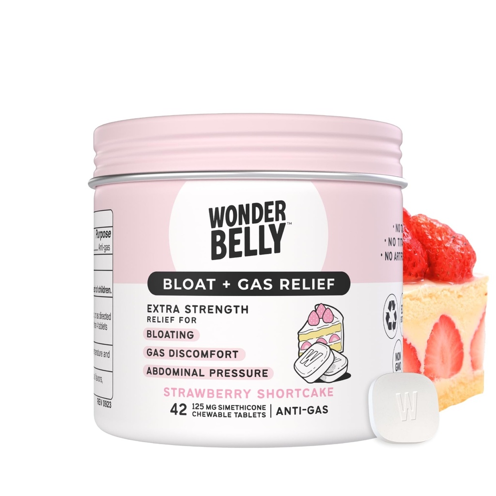 Wonderbelly Bloat + 가스 구호, 125 mg Simethicone, Talc 또는 염료 없음, Strawberry Shortcake, 42 카운트와 함께 여분의 힘 Chewable 정제