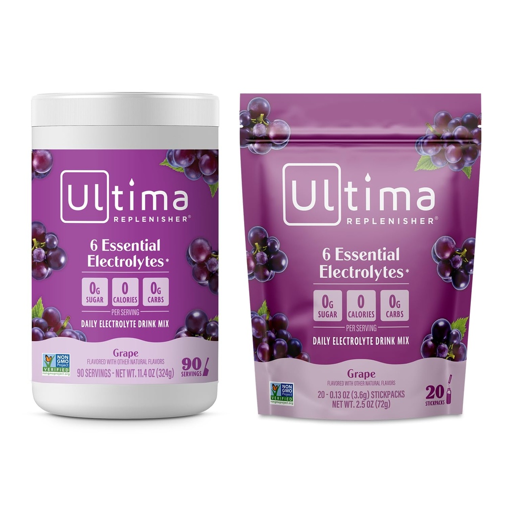 Ultima Replenisher Electrolyte Powder Drink Mix 번들 - 설탕 무료 - 포도, 90 서빙 용기 및 20 Stickpacks - 6 Electrolytes 및 Minerals - Keto Friendly, Vegan, Non-GMO