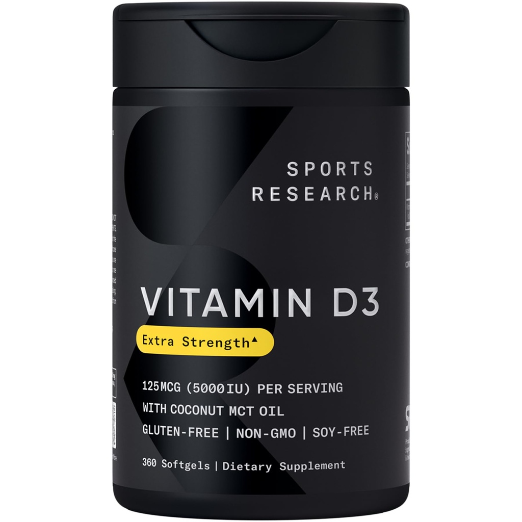 스포츠 연구 ® 비타민 D3 w/Coconut MCT 기름 - 높은 힘 비타민 D3 5000iu (125mcg) Immune & 뼈 지원을 위한 보충교재 - 씨 기름 자유로운 - 비 GMO - 글루텐 자유로운 (360 액체 Softgel)