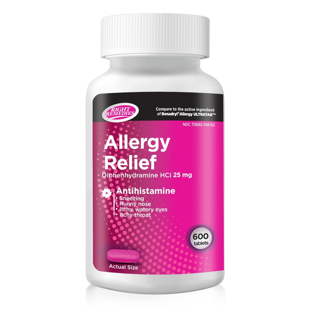 알레르기 완화 항히스타민, Diphenhydramine HCl 25mg, (600 조사), 국가 상표 알레르기 Ultratabs와 비교해, 계절 실내 또는 옥외 위 호흡 알레르기 알레르기를 구호하십시오