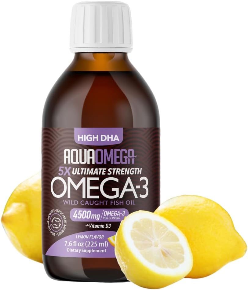 5X 궁극적인 힘 Omega 3 물고기 기름 액체, 물고기 기름은 높은 DHA와 EPA Omega3 지방산, 비타민 D, 7.60 floz, 레몬 풍미를 가진 높은 힘 Omega 3를 보충합니다