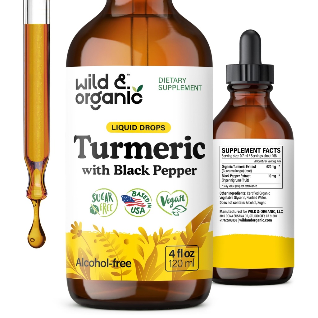 Wild & Organic Turmeric Tincture - 검은 후추 추출물이있는 심황 쿠르쿠민 - Mobility Support Supplement - Curcumin Root Liquid Drops - Vegan, Sugar & Alcohol-Free - 4 fl oz