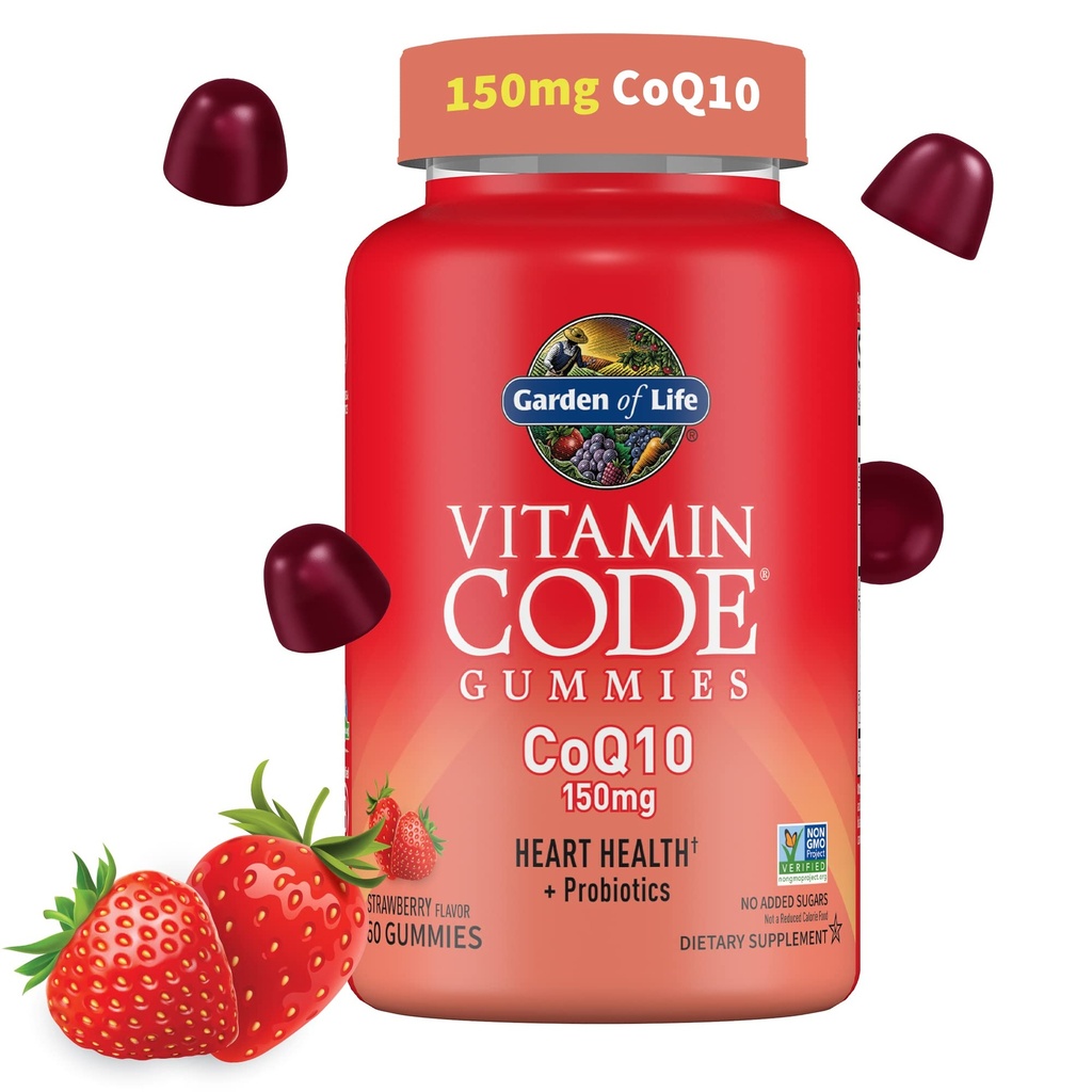 생명의 정원 비타민 부호 CoQ10 Gummies 150 mg의 심장 건강을 위한 Coenzyme Q10, 에너지 생산 & 건강한 시효 + 소화를 위한 Prebiotics & Probiotics, 비 GMO, 글루텐 자유로운, 60 딸기 Gummies