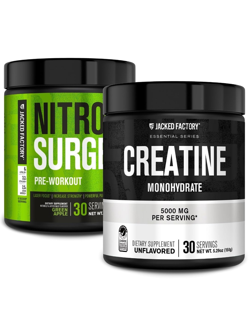 Jacked Factory NITROSURGE 사전 운동 보충 (녹색 애플, 30 서빙) & Creatine Monohydrate 분말 (불꽃, 30 서빙)