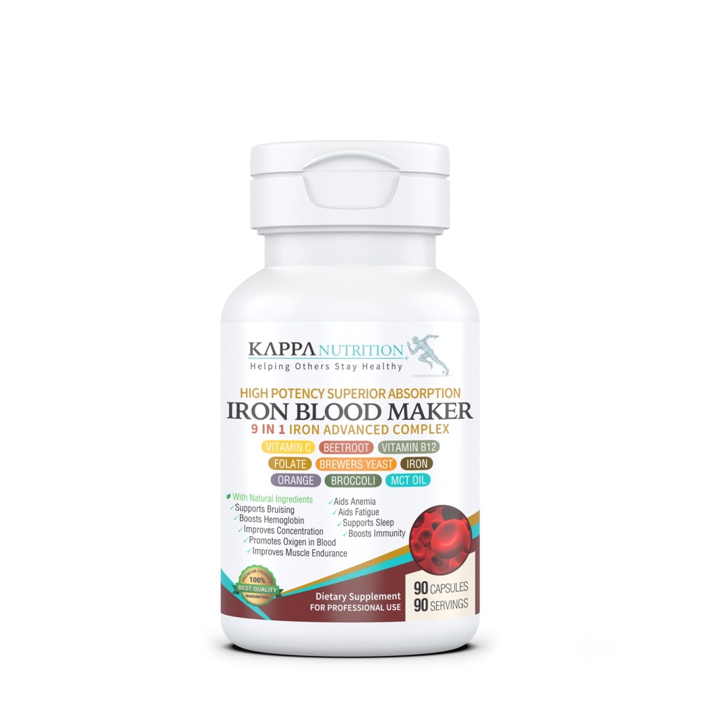 KAPPA NUTRITION 철 26mg, 비타민 C & 오렌지 150mg, Folate 667mcg DFE, 비타민 B12, Beetroot, 맥주 효모, 브로콜리 & MCT 오일 9 에 1 고급 복합체 (90 캡슐)
