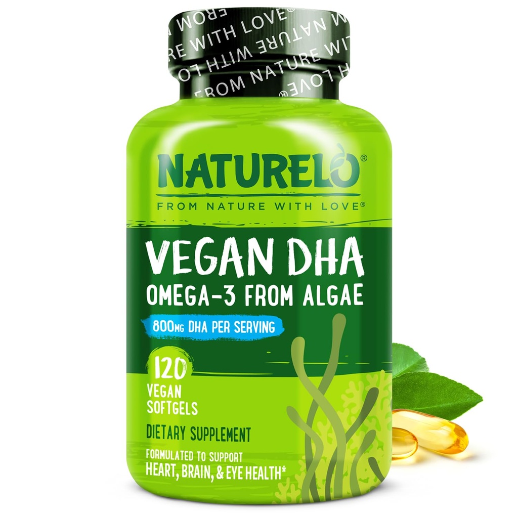 NATURELO Vegan DHA - 조류에서 오메가 3 오일 - 뇌, 심장, 관절, 눈 건강을위한 보충 - 여성 남성과 어린이를위한 필수 지방산을 제공합니다 - 보완 예비 비타민 - 120 Softgels